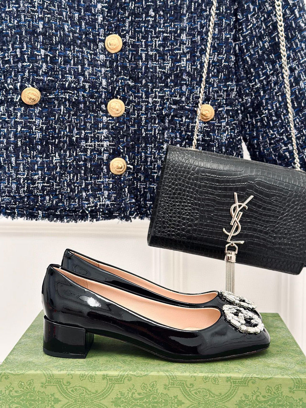 Gucci Black Patent Leather Crystal Interlocking G Heels