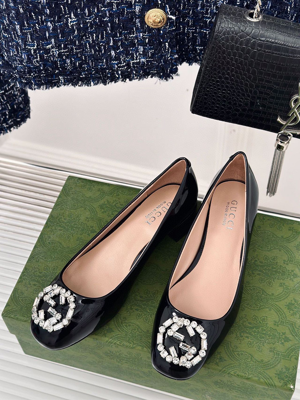 Gucci Black Patent Leather Crystal Interlocking G Heels