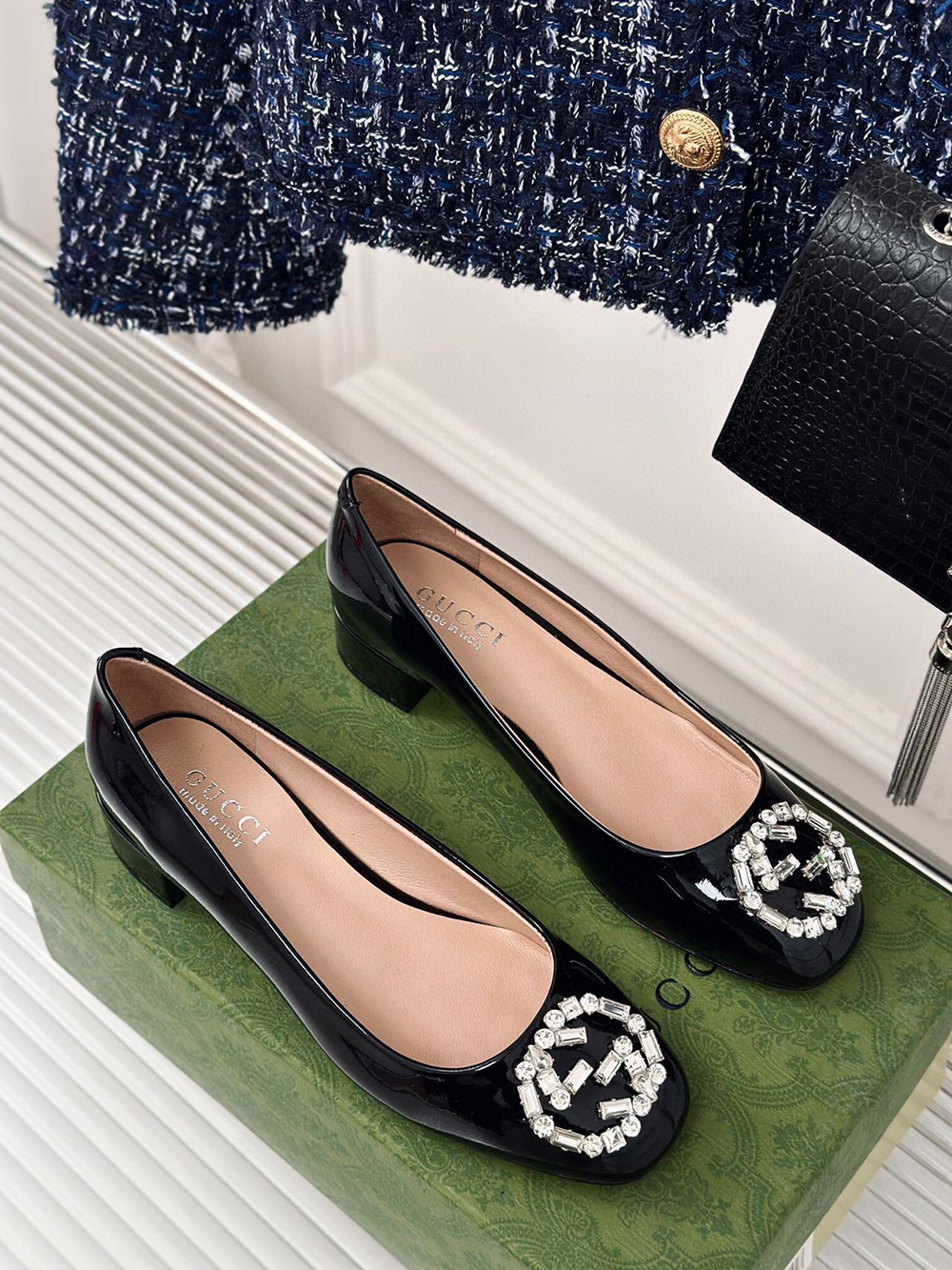 Gucci Black Patent Leather Crystal Interlocking G Heels