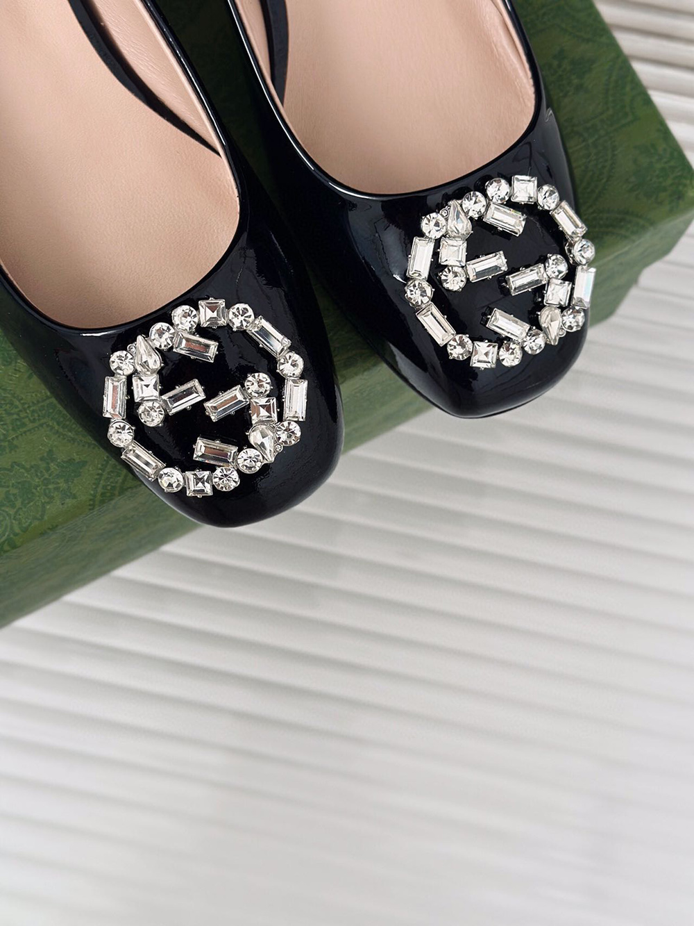 Gucci Black Patent Leather Crystal Interlocking G Heels