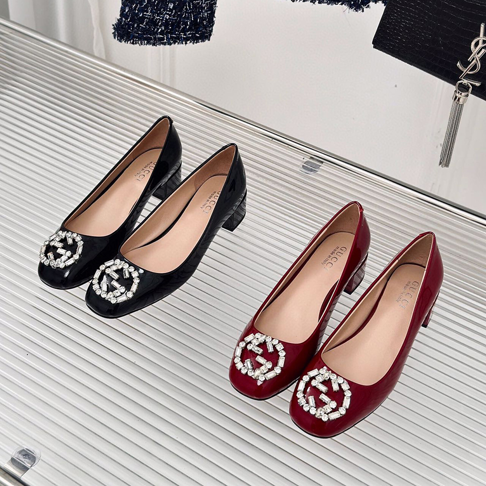 Gucci Black Patent Leather Crystal Interlocking G Heels