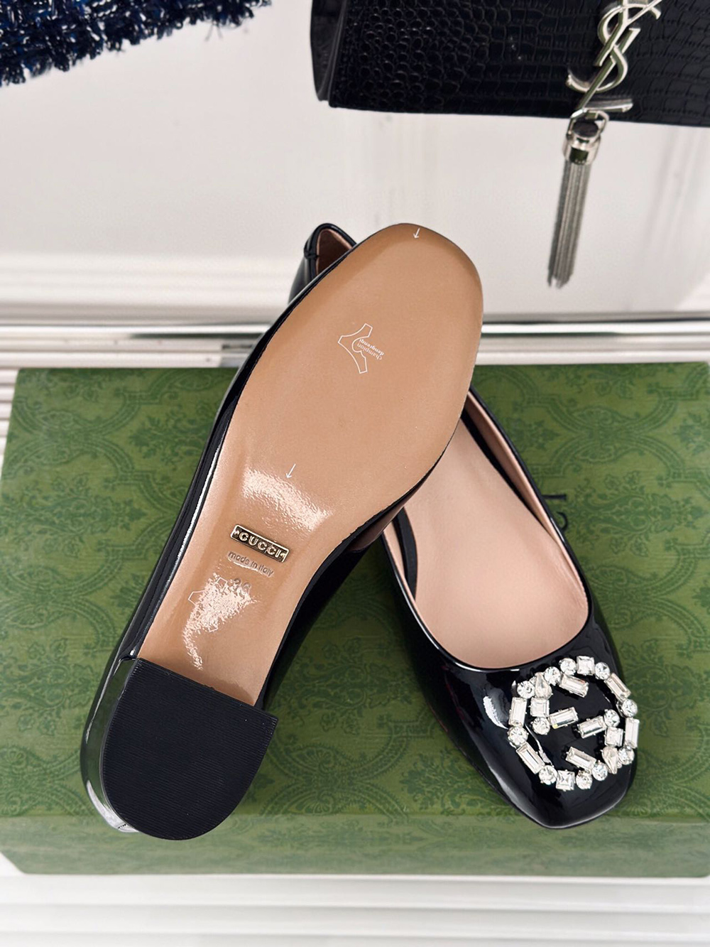 Gucci Black Patent Leather Crystal Interlocking G Heels