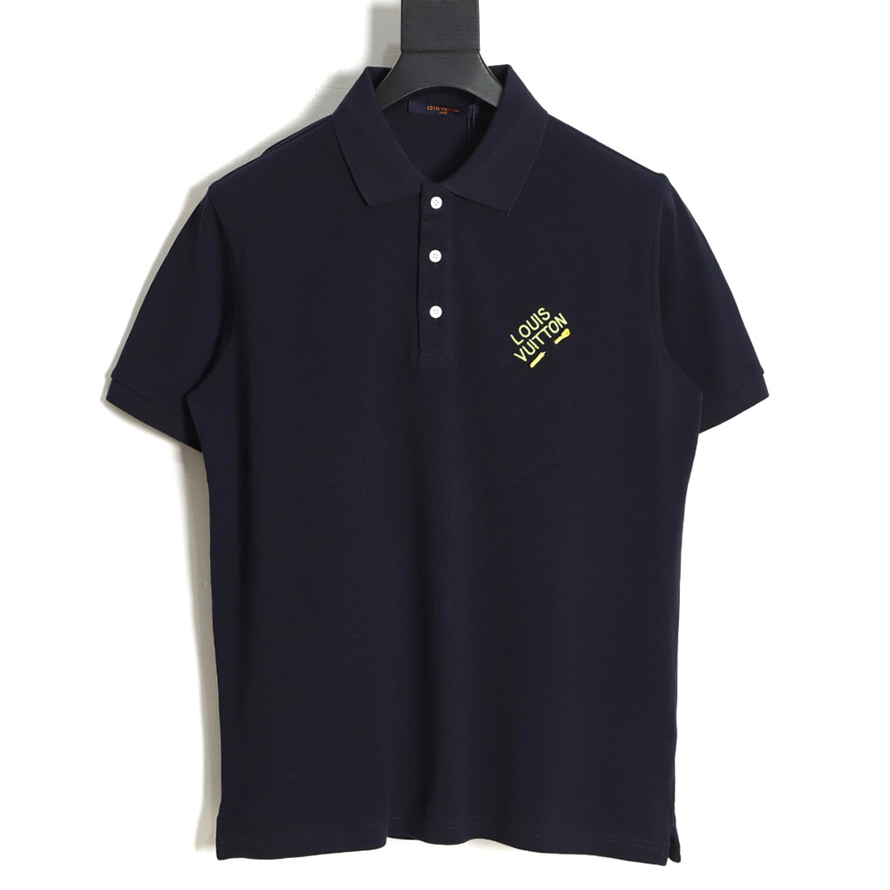 Louis Vuitton pin embroidered short-sleeved polo shirt navy blue