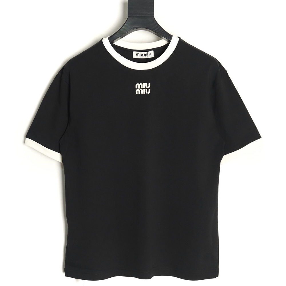 Miu Miu Contrast Collar Embroidered Logo Short Sleeve T-Shirt TSK1