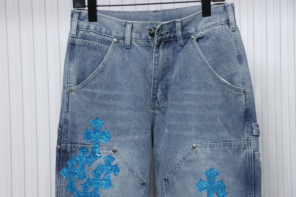 Chrome Hearts multicolor laser cross leather denim trousers