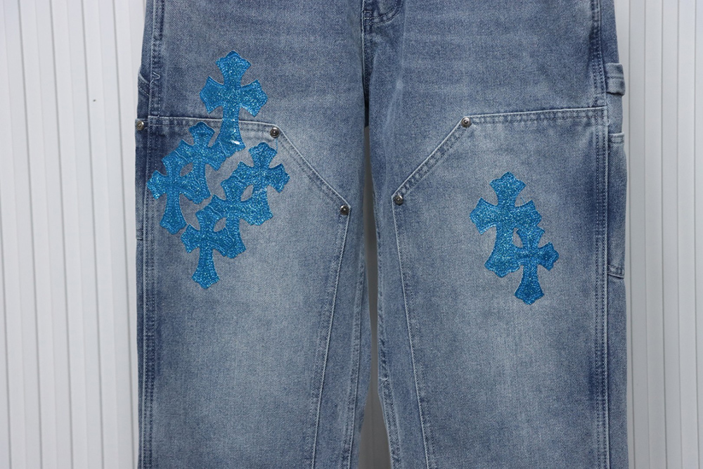 Chrome Hearts multicolor laser cross leather denim trousers