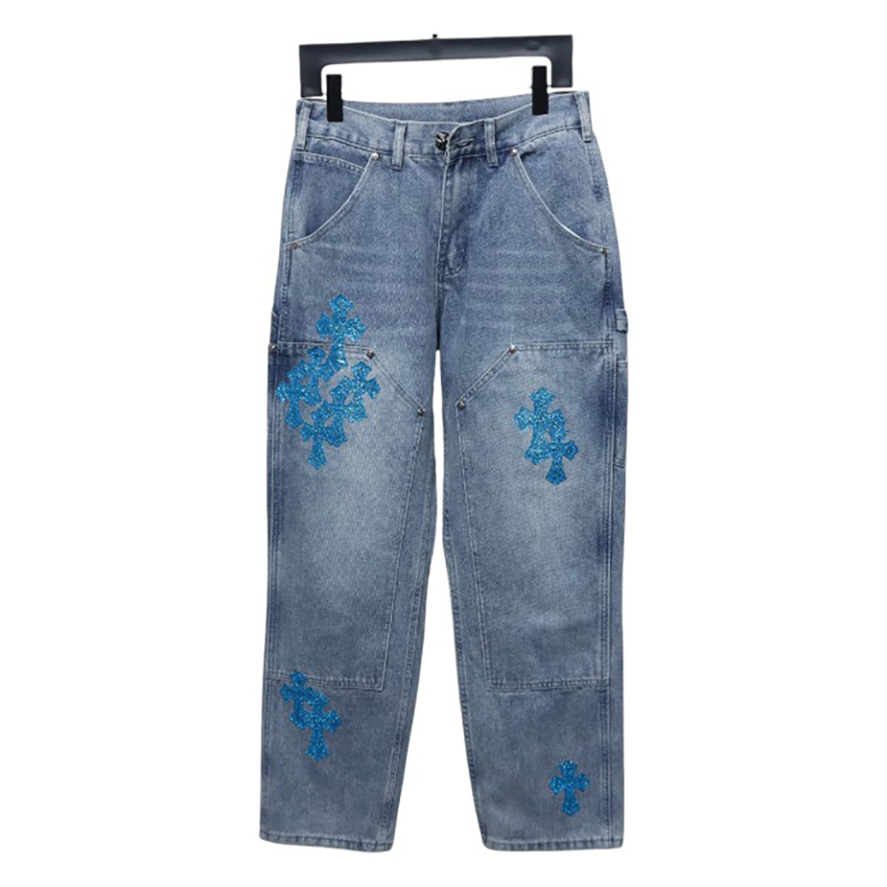 Chrome Hearts multicolor laser cross leather denim trousers