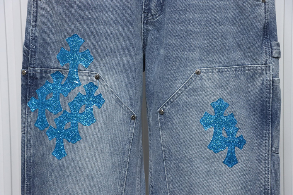 Chrome Hearts multicolor laser cross leather denim trousers