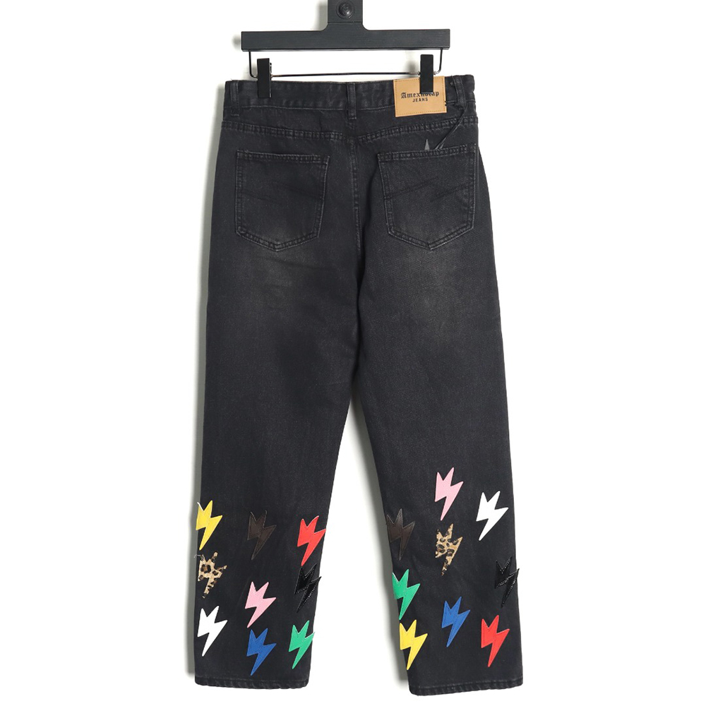 Amexnocap leather label lightning bolt denim trousers