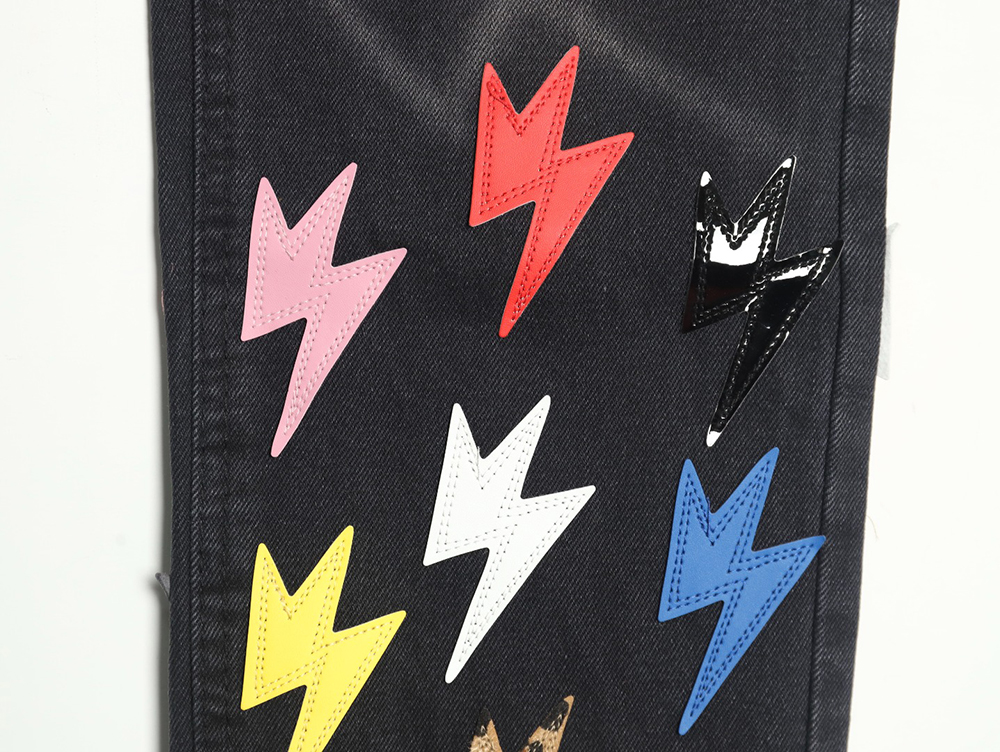 Amexnocap leather label lightning bolt denim trousers