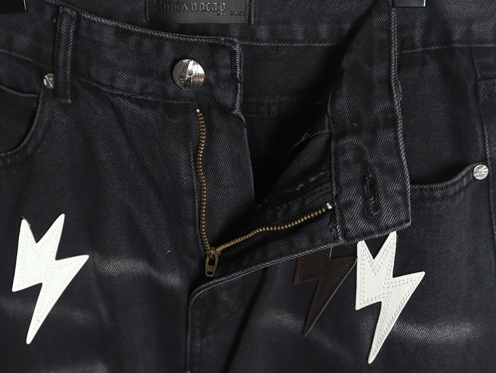 Amexnocap leather label lightning bolt denim trousers TSK2