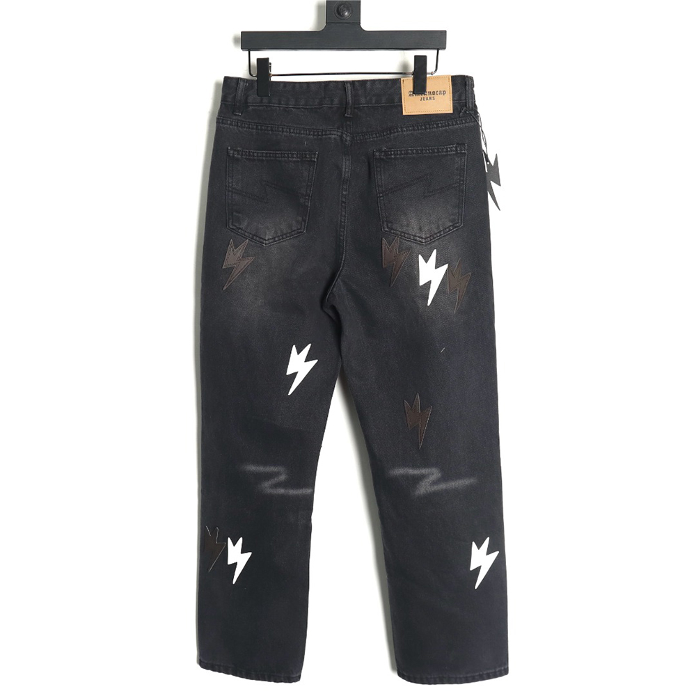 Amexnocap leather label lightning bolt denim trousers TSK2