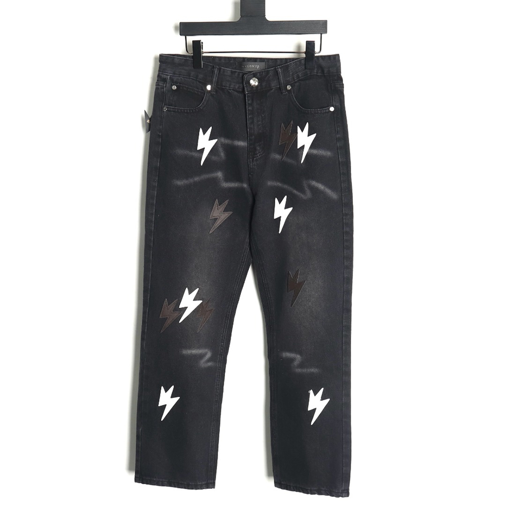Amexnocap leather label lightning bolt denim trousers TSK2