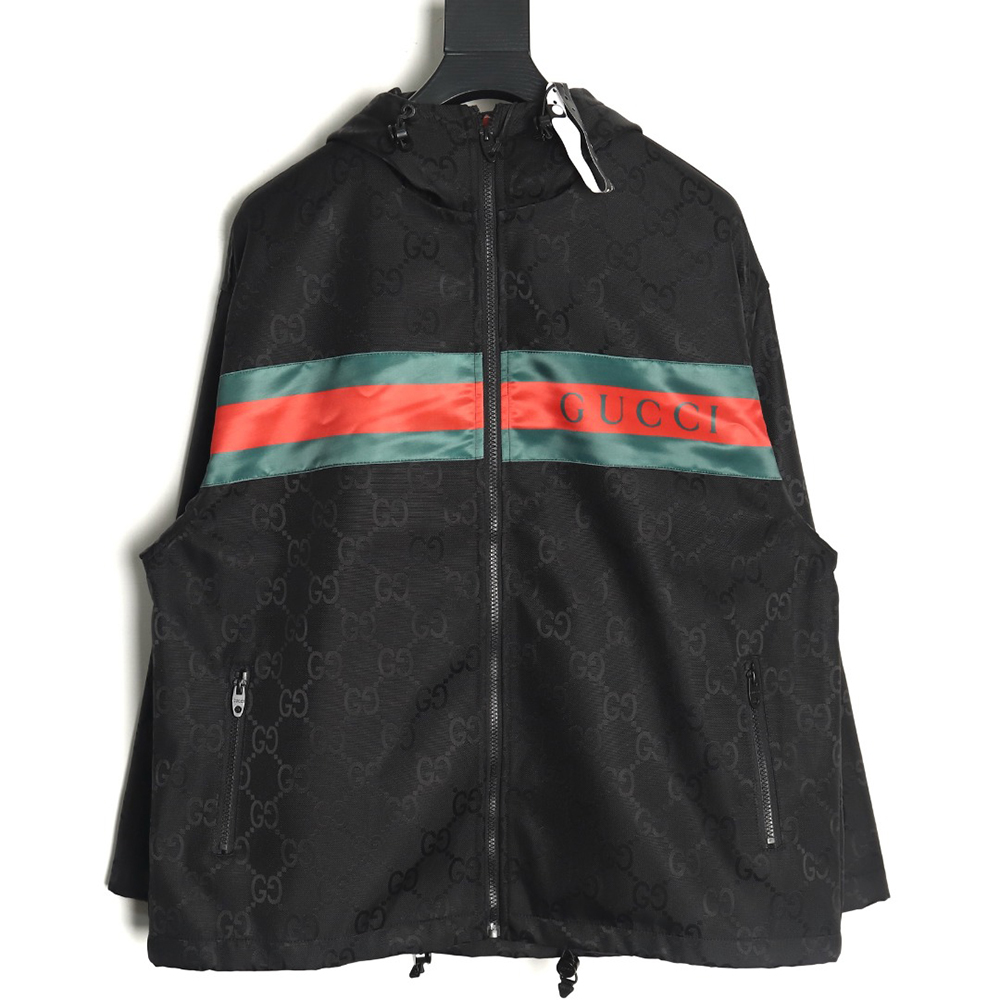 Gucci red and green webbing hooded trench coat