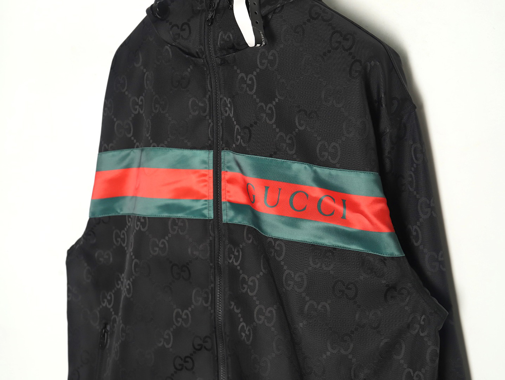 Gucci red and green webbing hooded trench coat