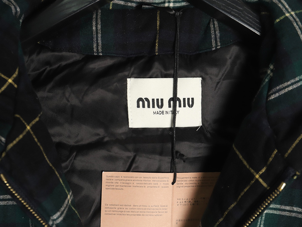 Miu miu green plaid hooded cotton coat