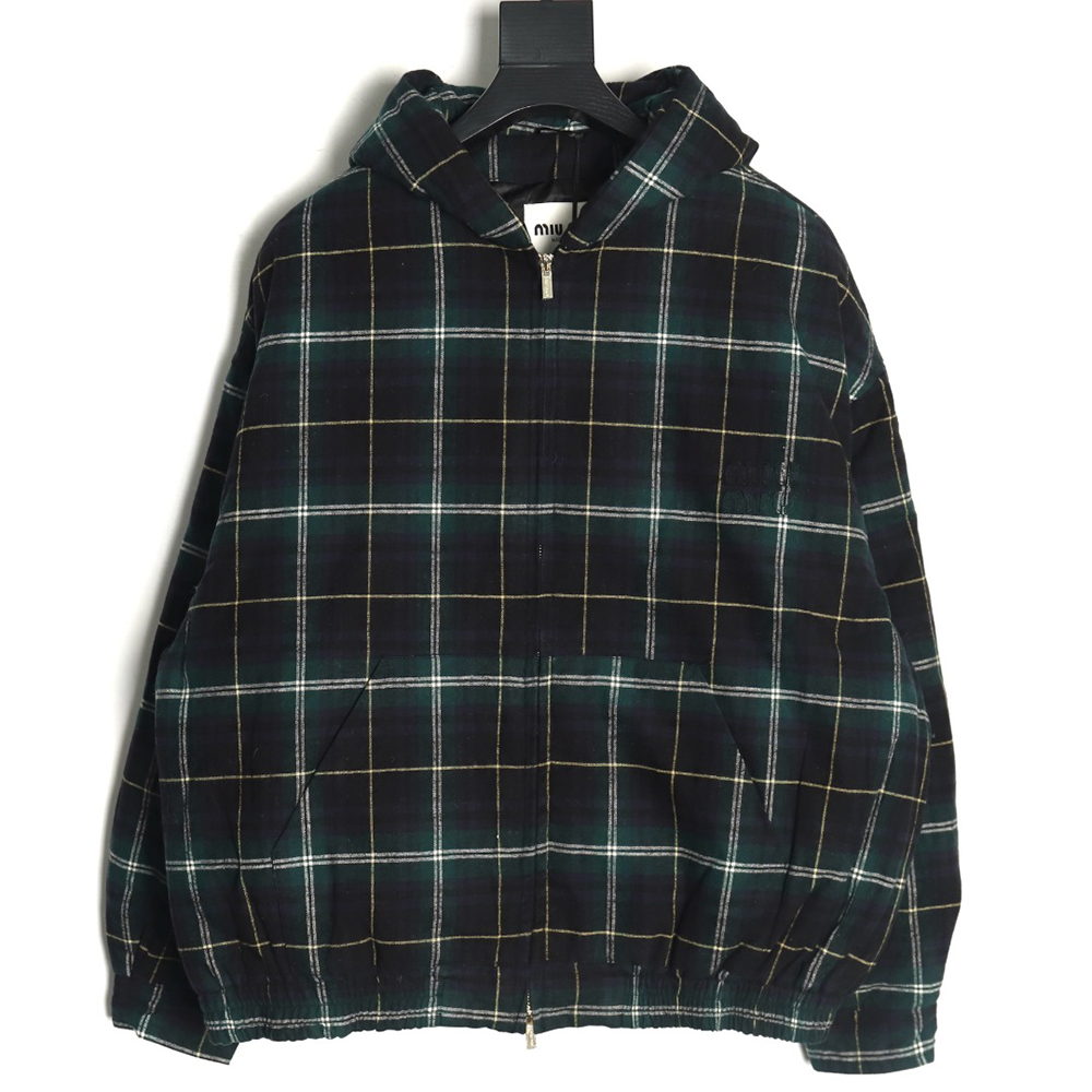 Miu miu green plaid hooded cotton coat