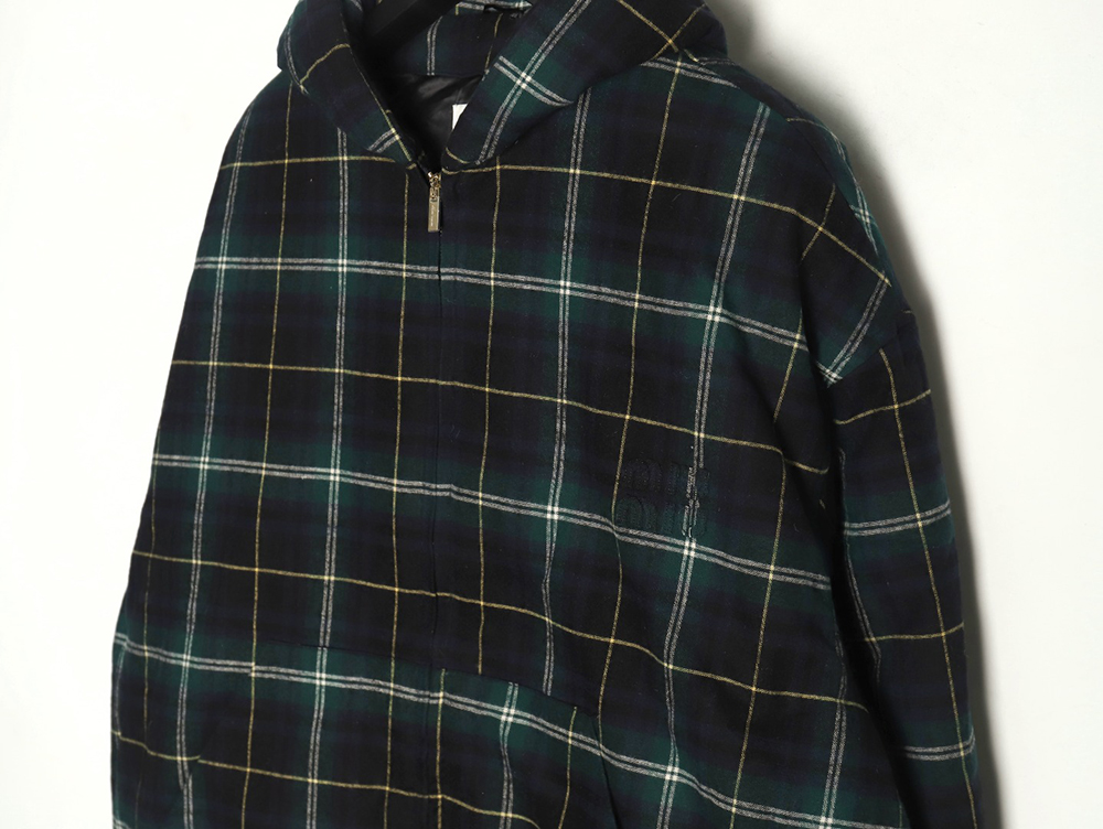 Miu miu green plaid hooded cotton coat
