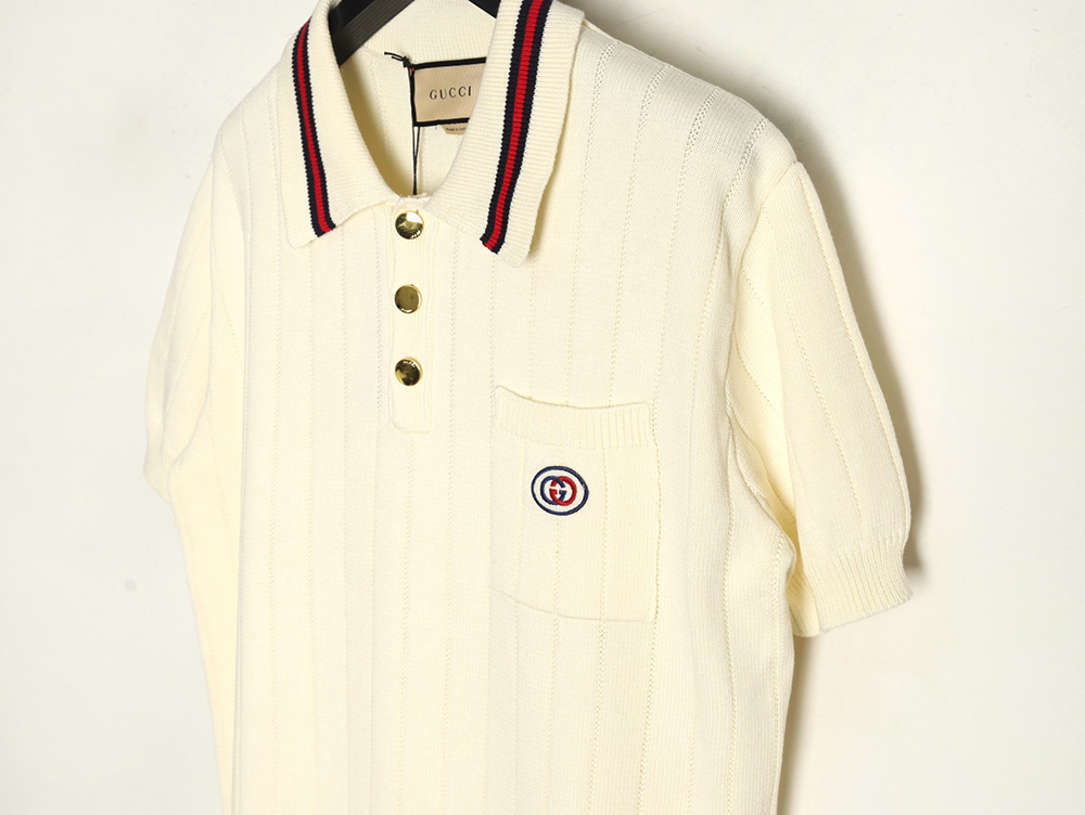 Gucci chest pocket embroidered logo striped polo shirt