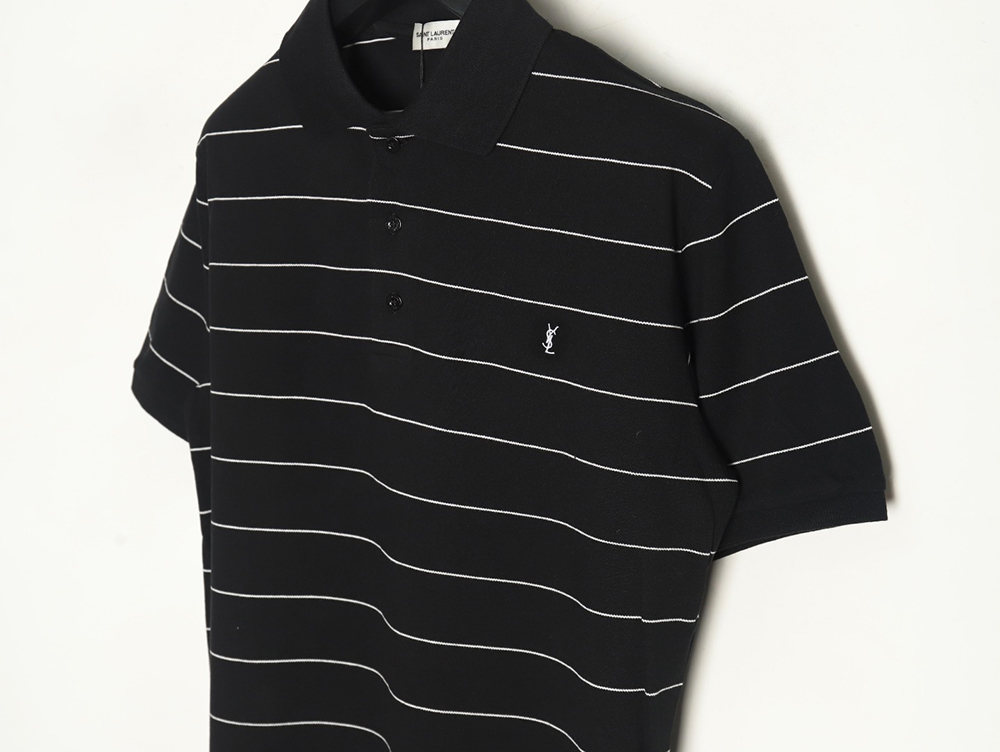 Saint Laurent YSL Logo Embroidered Striped Short Sleeve Polo Shirt