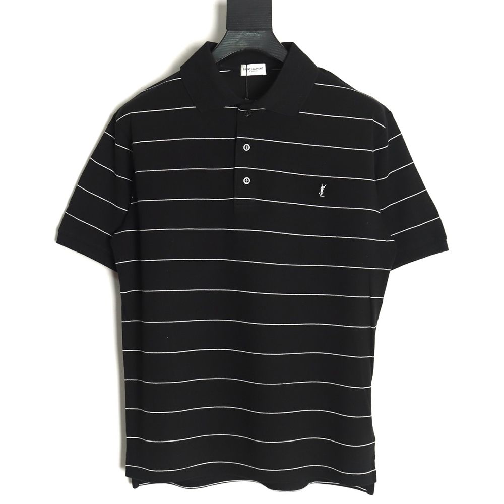 Saint Laurent YSL Logo Embroidered Striped Short Sleeve Polo Shirt
