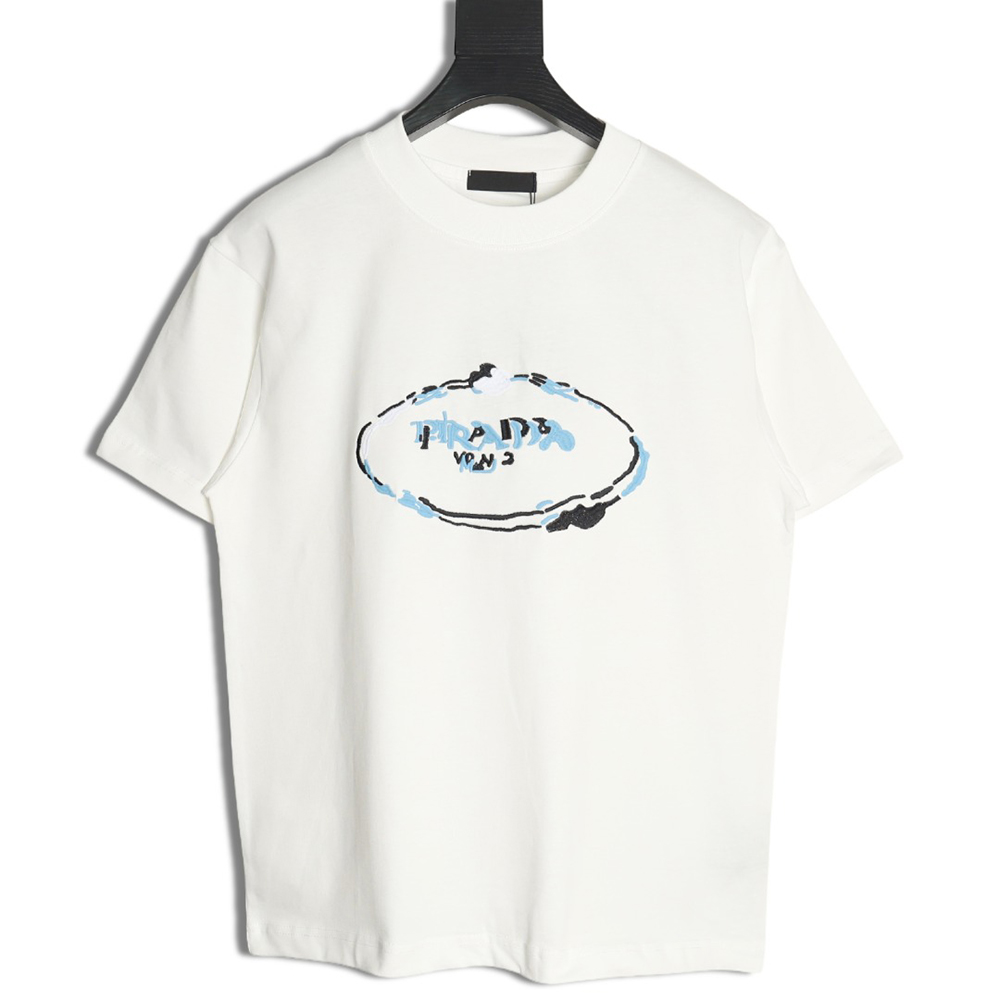 Prada Overlapping Logo Lettering Embroidered Short Sleeve T-Shirt