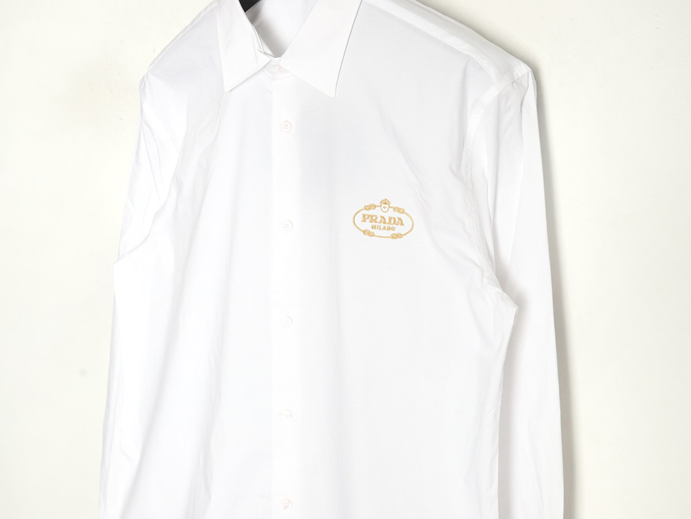 Prada Embroidered Lettering Poplin Long Sleeve Shirt