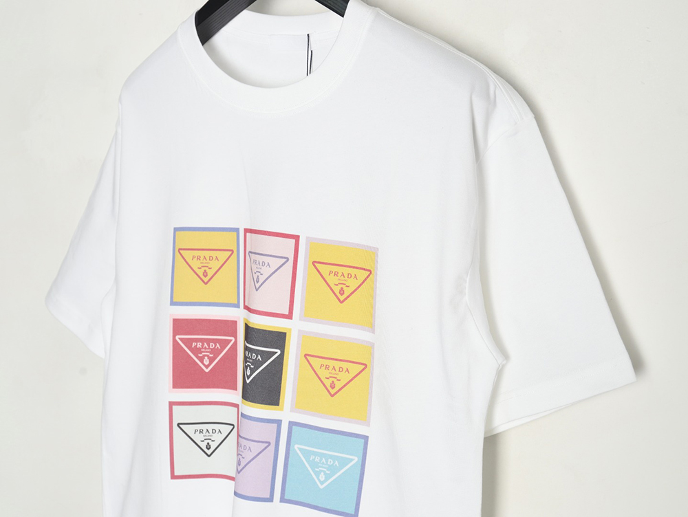 Prada Nine-grid Square Letter Round Neck Short Sleeve