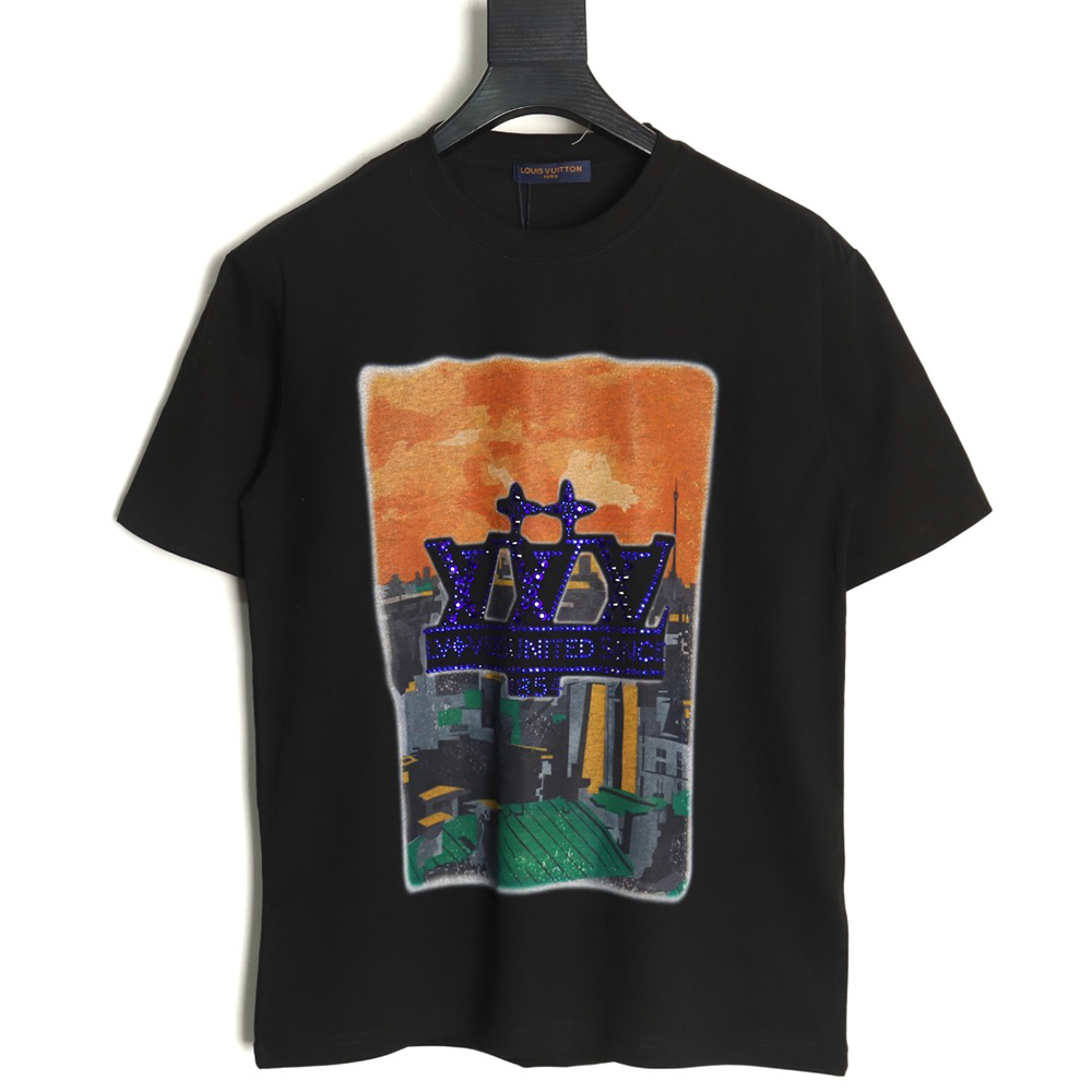 Louis Vuitton World Map Art Print Rhinestone Short Sleeve T-Shirt TSK1