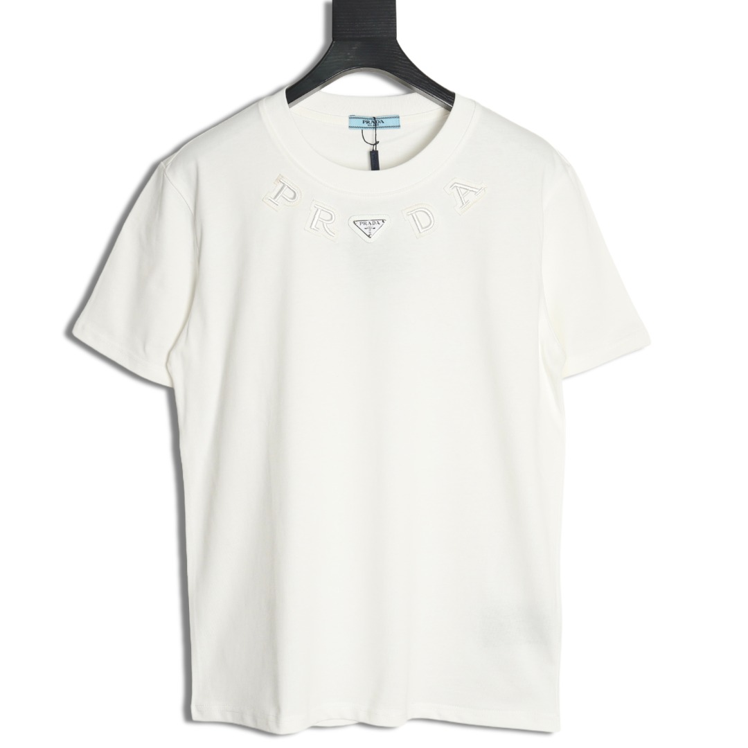 Prada neckline letter embroidery triangle logo short sleeves