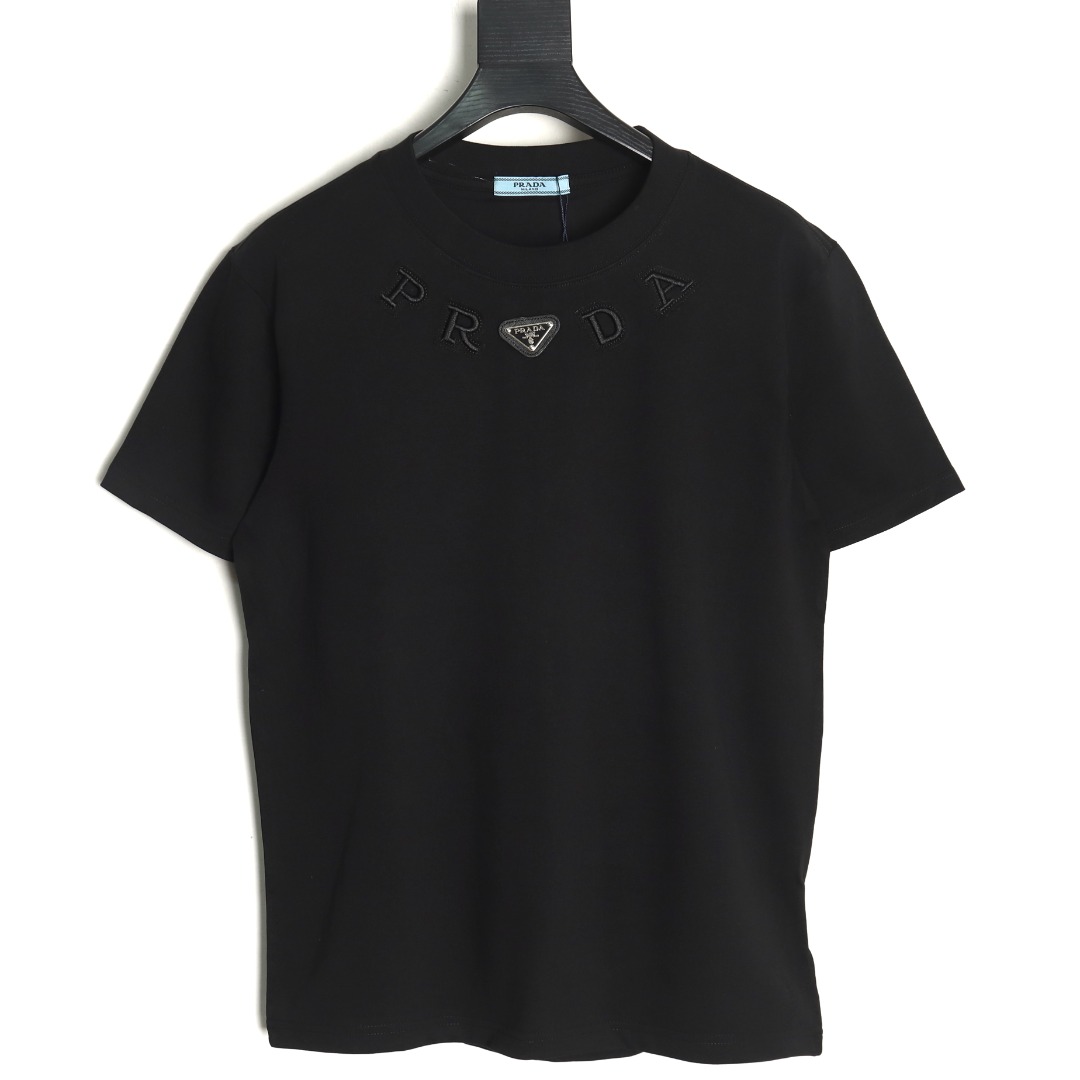 Prada neckline letter embroidery triangle logo short sleeves TSK1