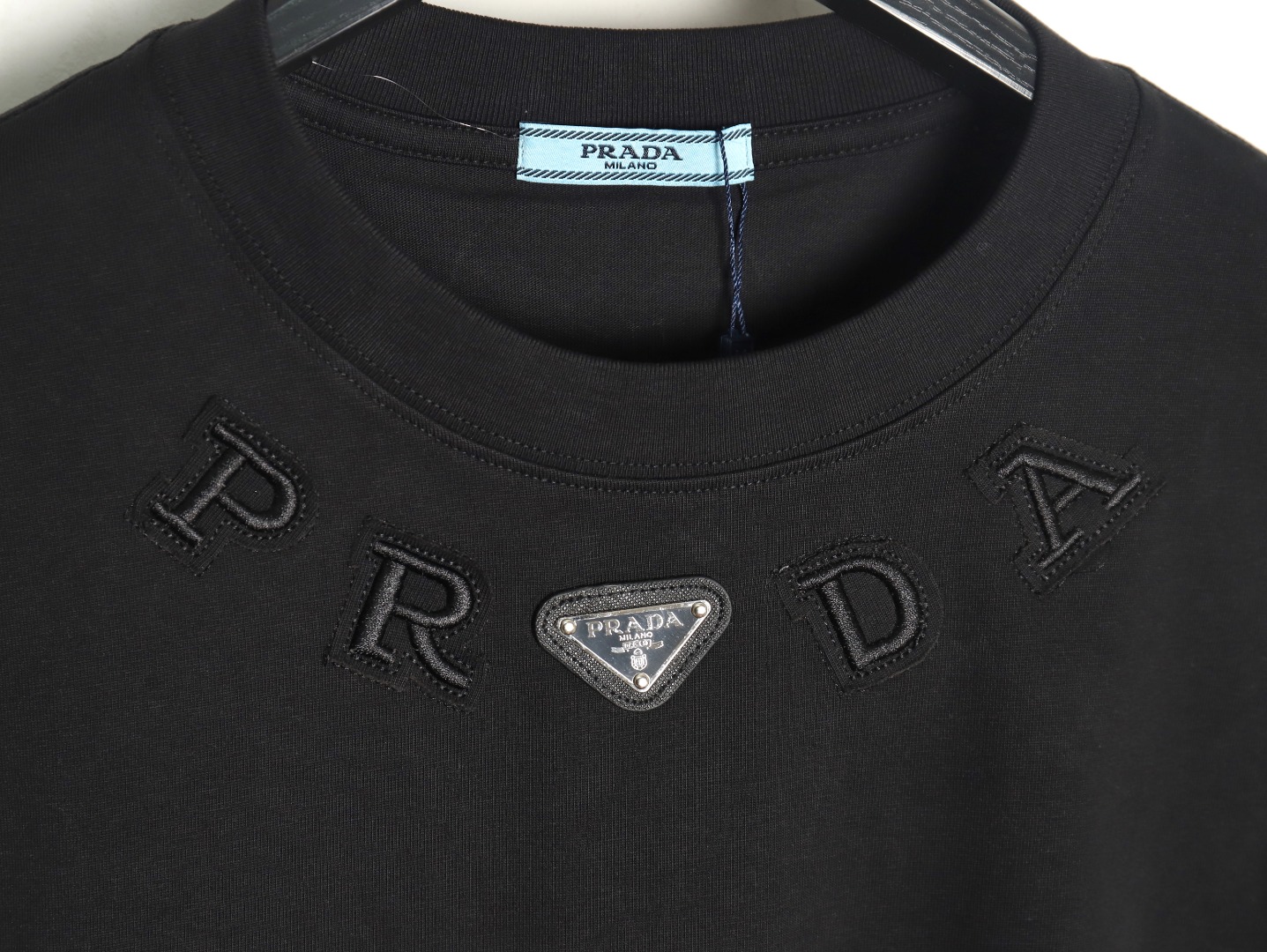 Prada neckline letter embroidery triangle logo short sleeves TSK1