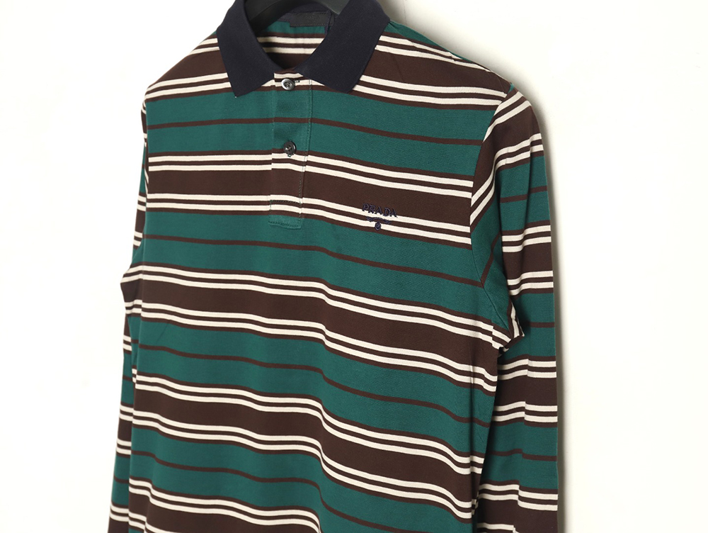 Prada Green Striped Long Sleeve Polo Shirt