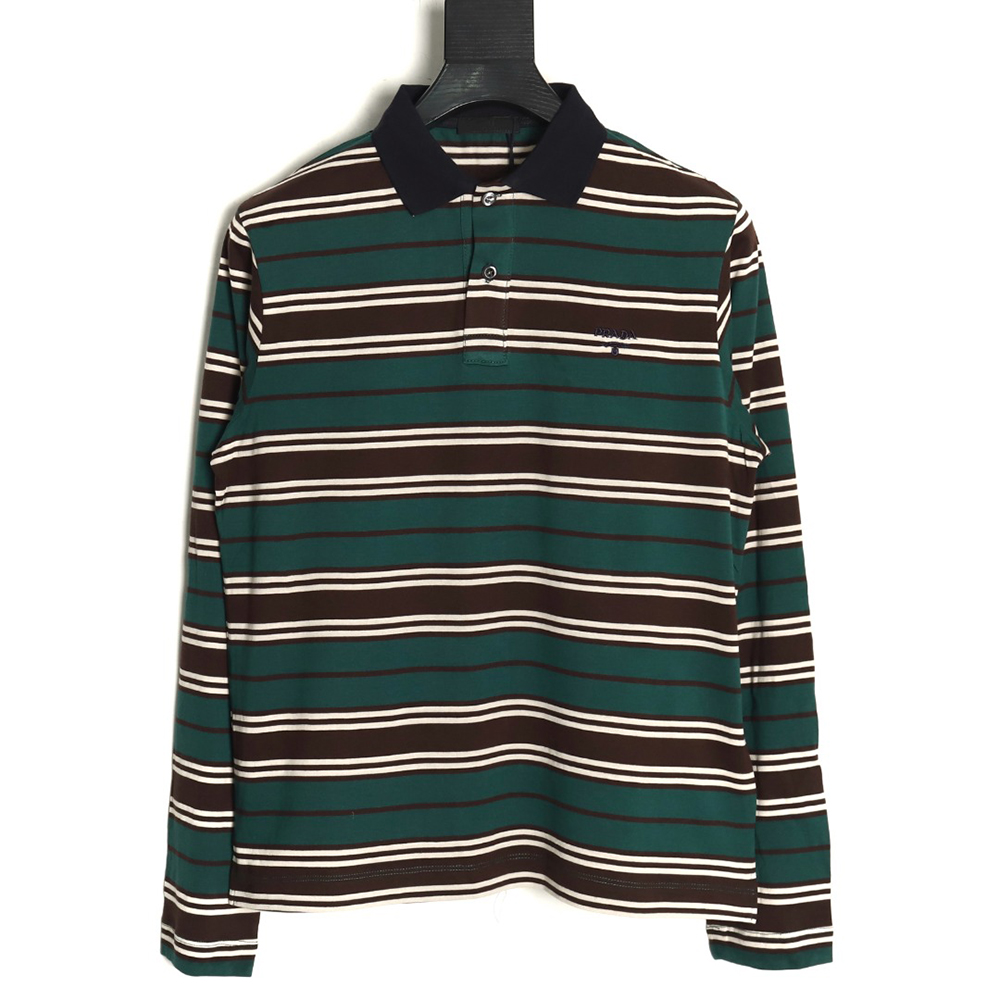 Prada Green Striped Long Sleeve Polo Shirt