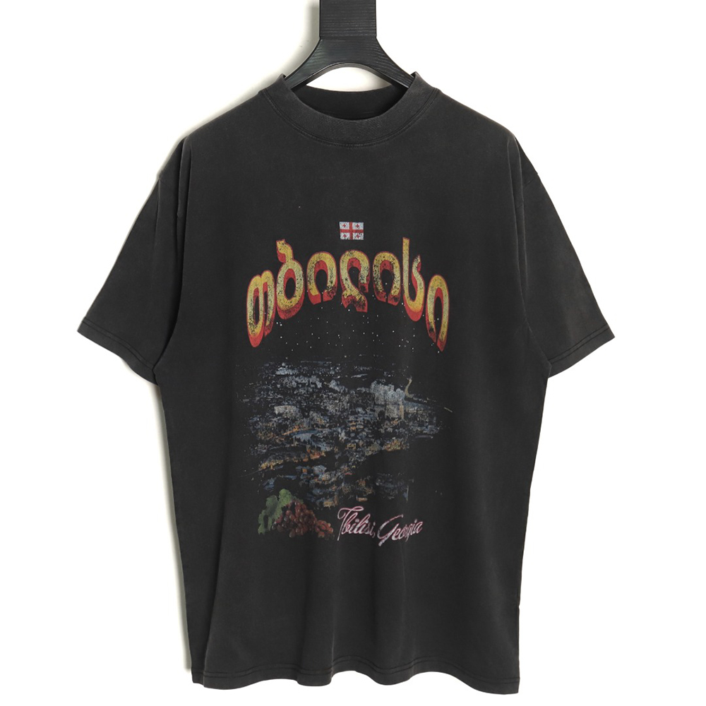Balenciaga Night scene pattern faded letter print round neck short sleeve T-shirt