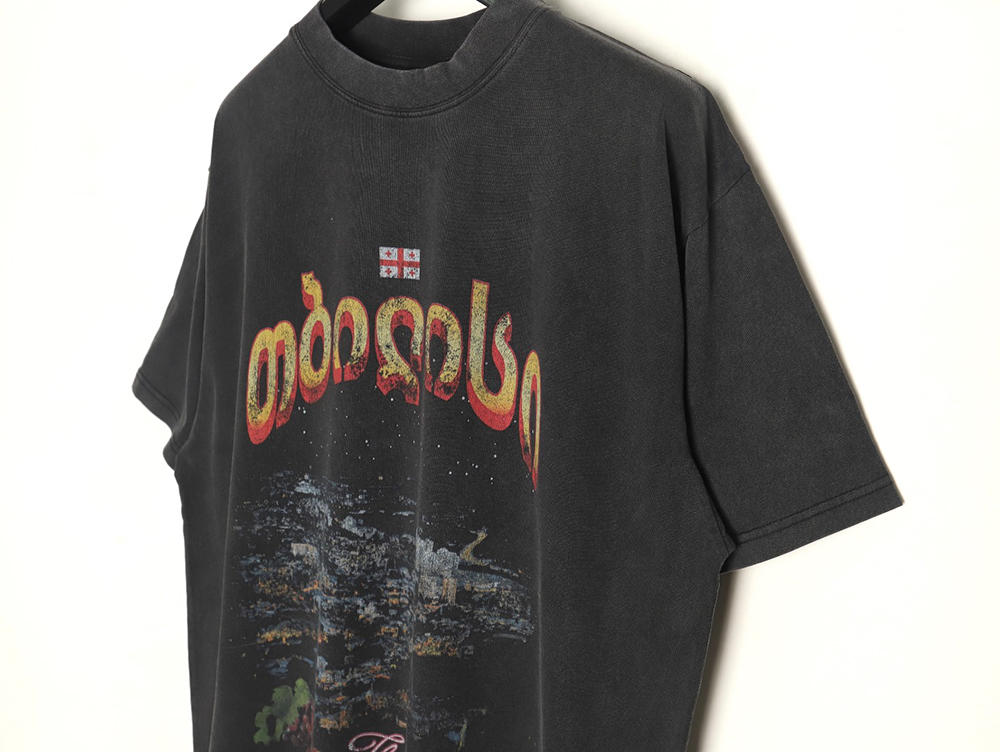 Balenciaga Night scene pattern faded letter print round neck short sleeve T-shirt