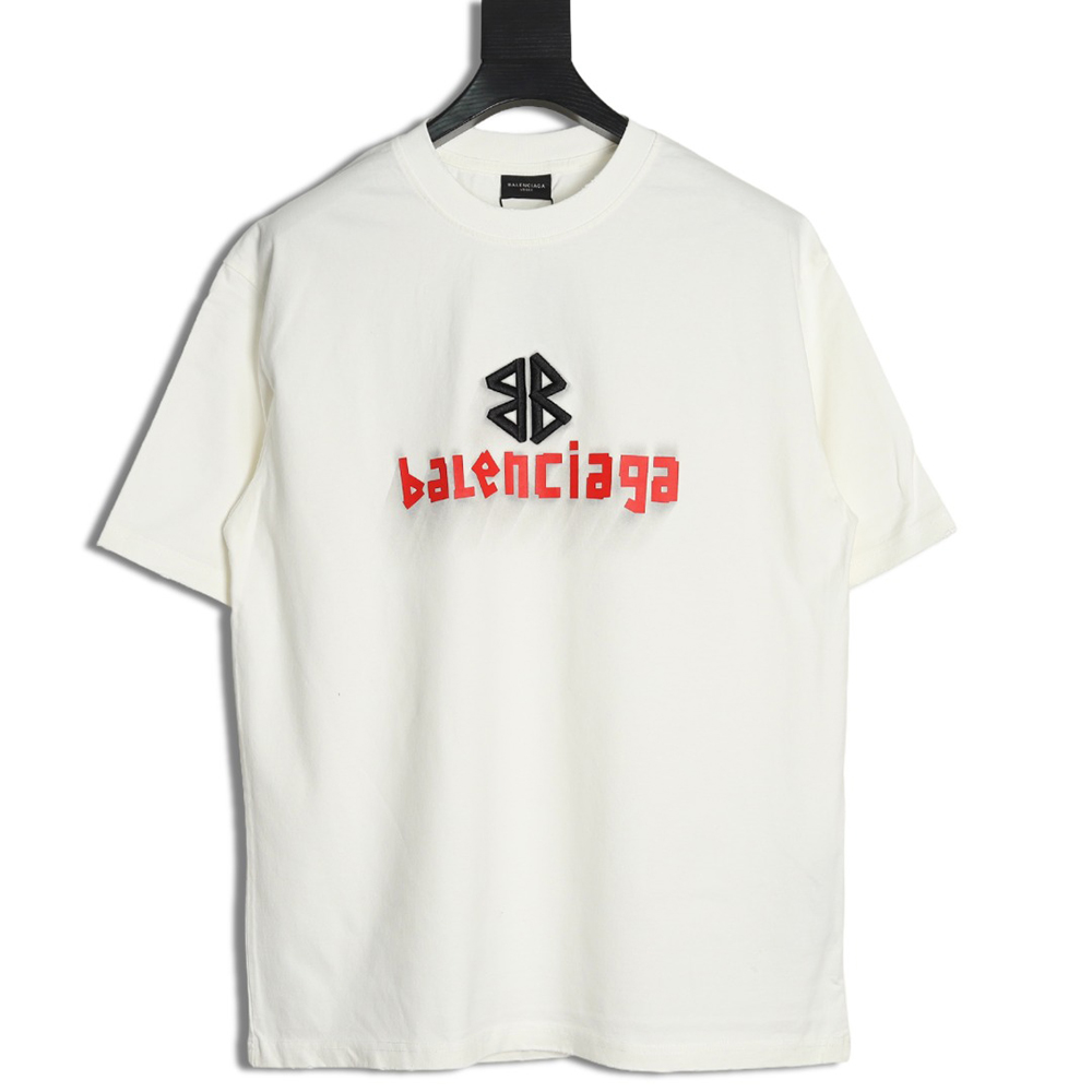 Balenciaga Double B embroidery and 3D inkjet logo ripped short-sleeved T-shirt