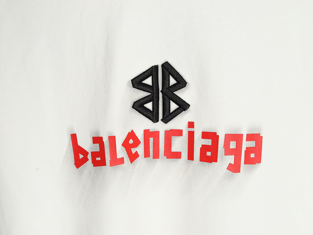 Balenciaga Double B embroidery and 3D inkjet logo ripped short-sleeved T-shirt