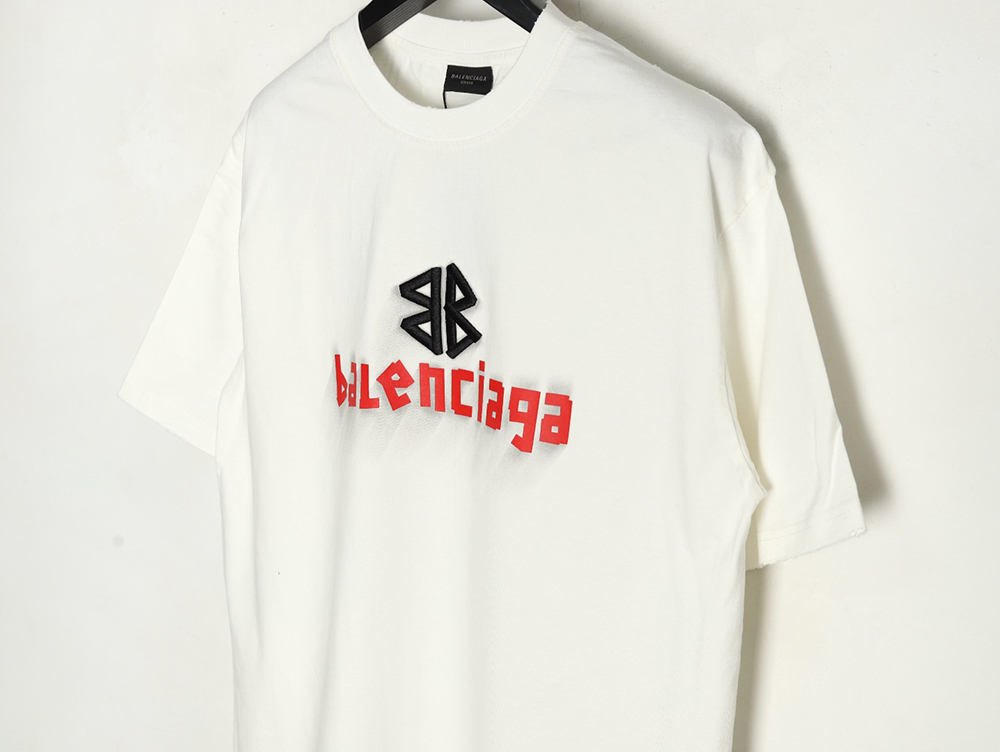 Balenciaga Double B embroidery and 3D inkjet logo ripped short-sleeved T-shirt