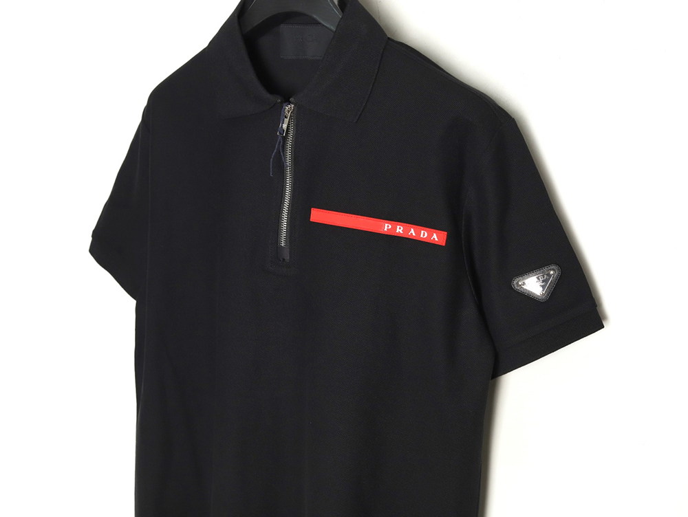 Prada Red Stripe Triangle Half Zip Short Sleeve POLO Shirt