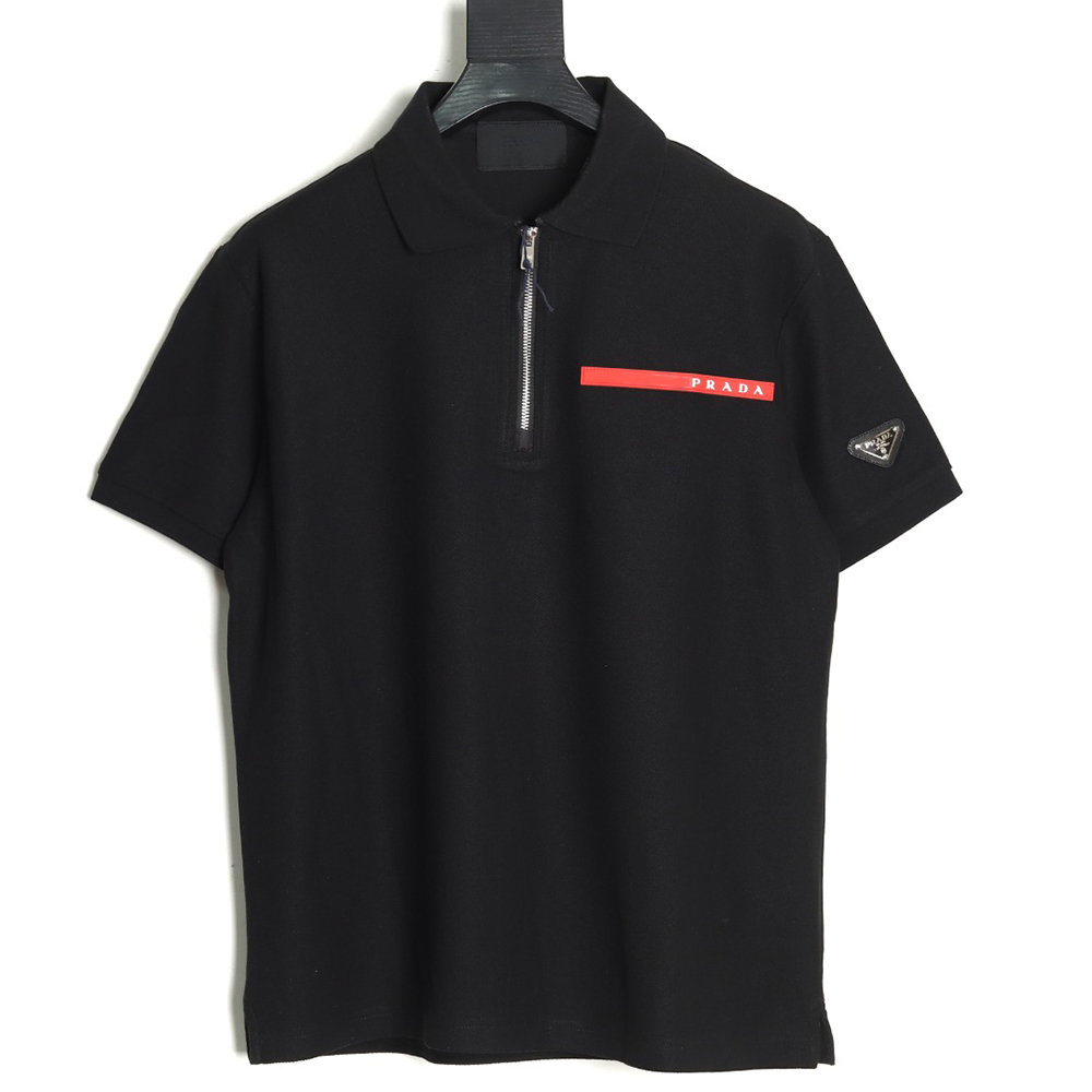 Prada Red Stripe Triangle Half Zip Short Sleeve POLO Shirt