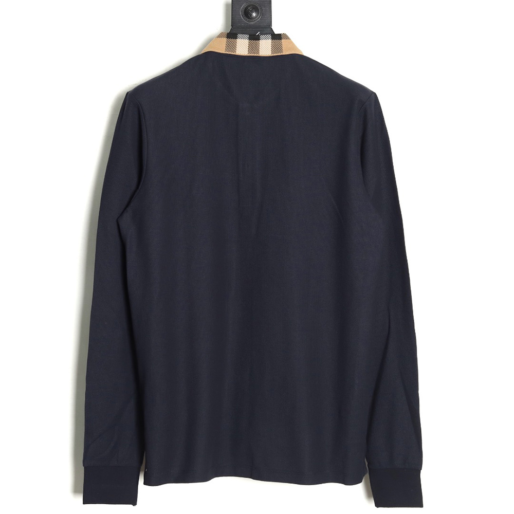 Burberry Check Lapel Long Sleeve Polo Shirt Navy