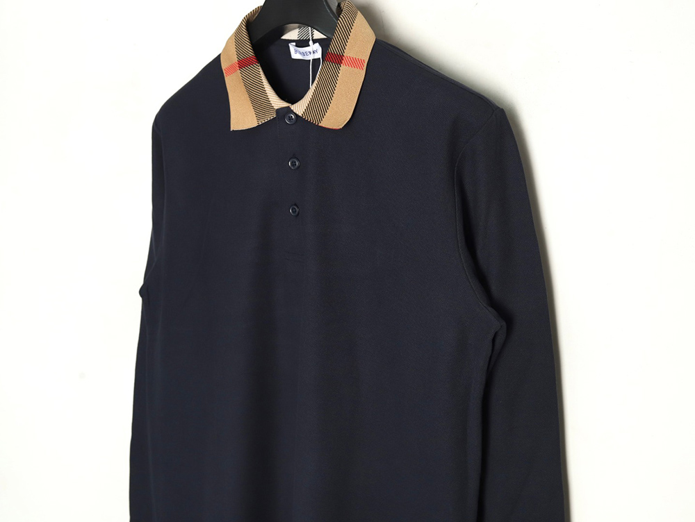Burberry Check Lapel Long Sleeve Polo Shirt Navy