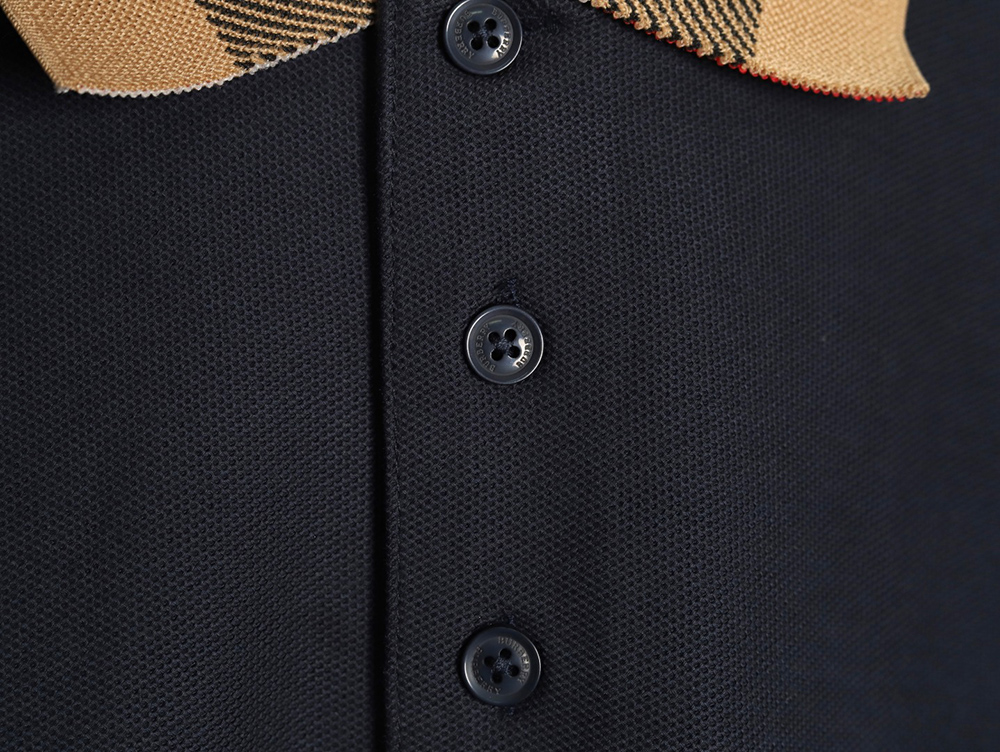 Burberry Check Lapel Long Sleeve Polo Shirt Navy