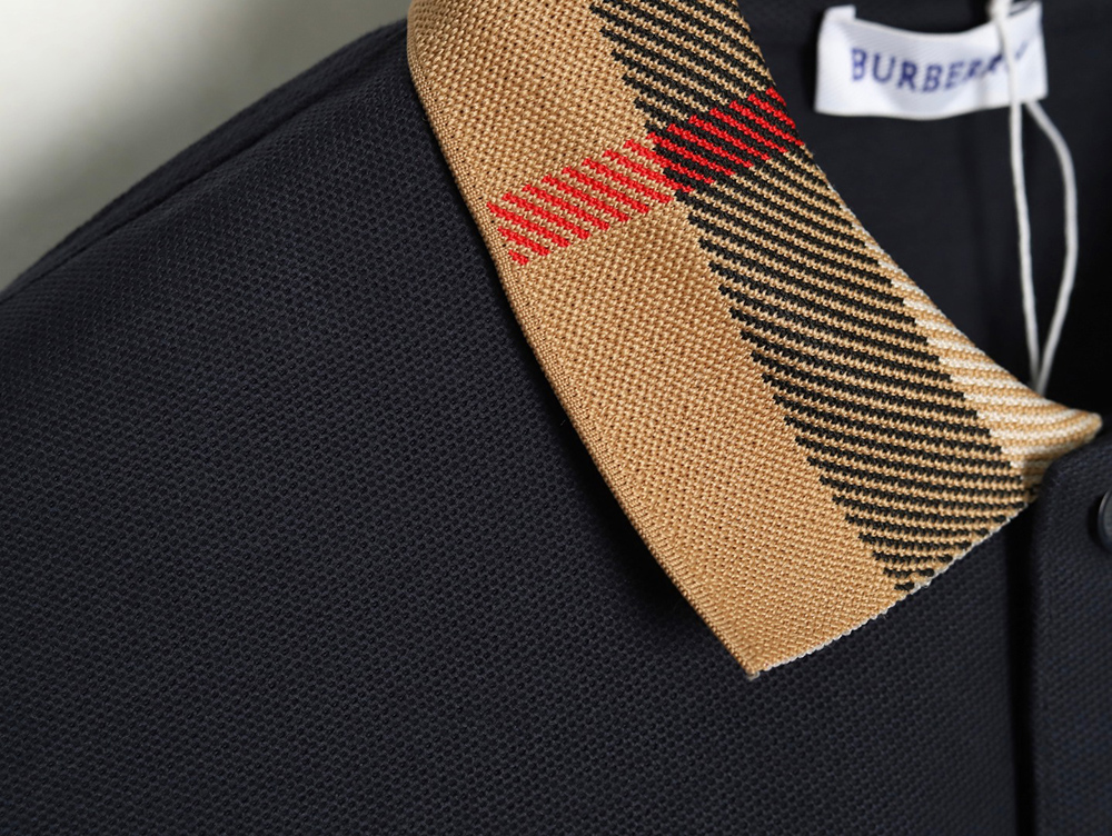 Burberry Check Lapel Long Sleeve Polo Shirt Navy