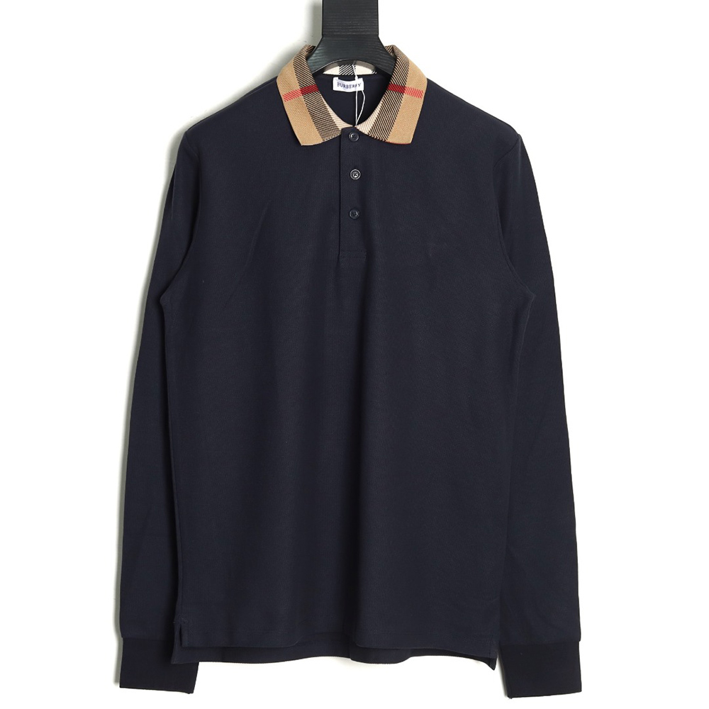 Burberry Check Lapel Long Sleeve Polo Shirt Navy