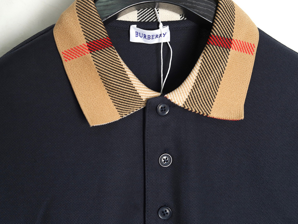 Burberry Check Lapel Long Sleeve Polo Shirt Navy