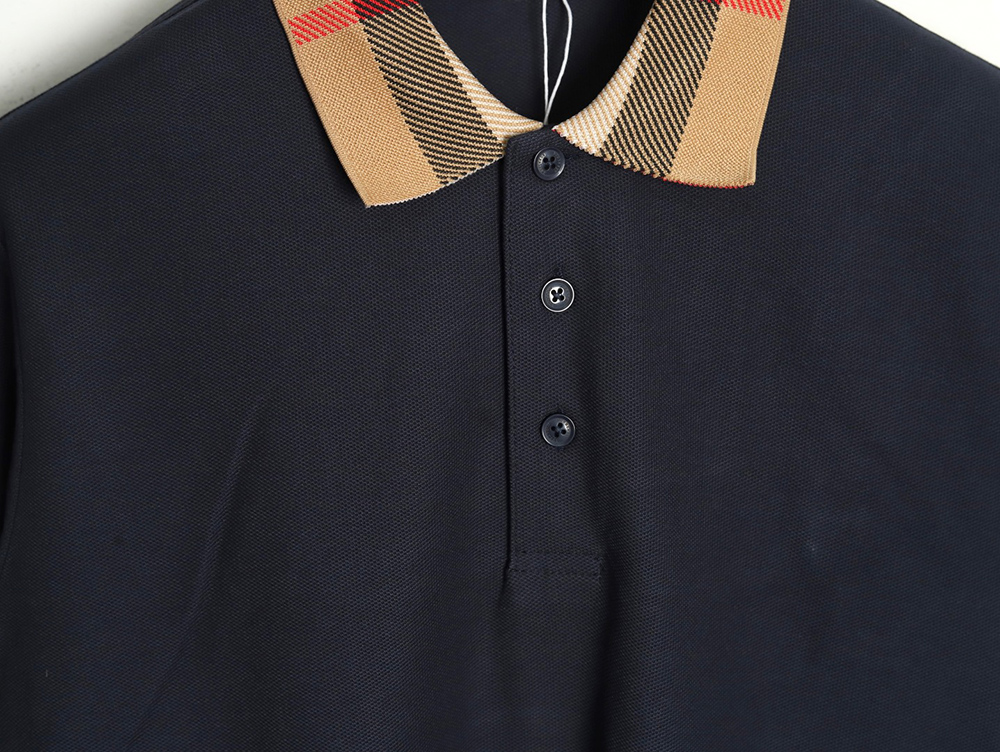 Burberry Check Lapel Long Sleeve Polo Shirt Navy