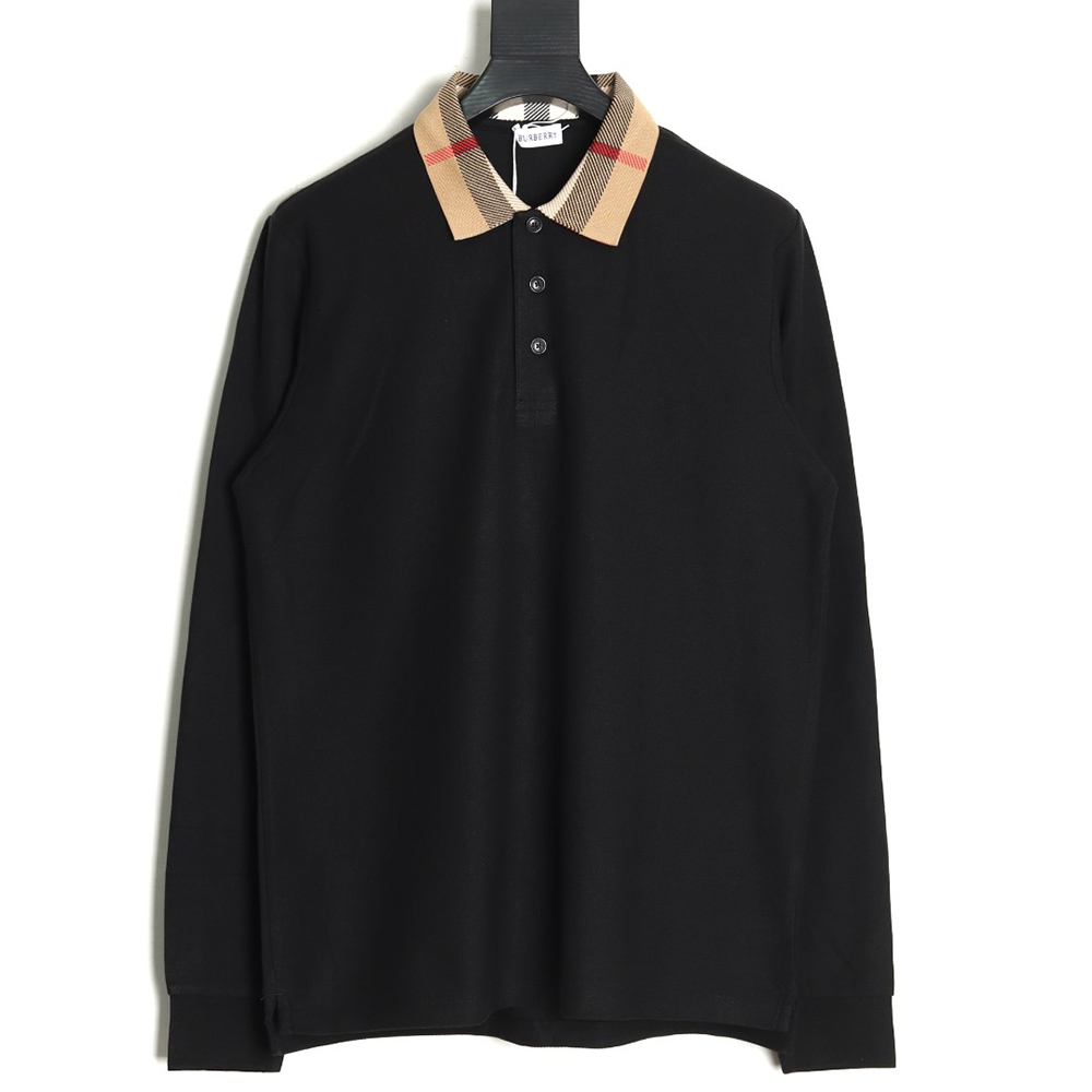 Burberry Check Lapel Long Sleeve Polo Shirt Black