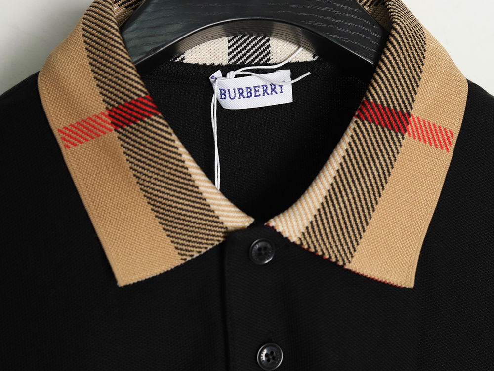 Burberry Check Lapel Long Sleeve Polo Shirt Black